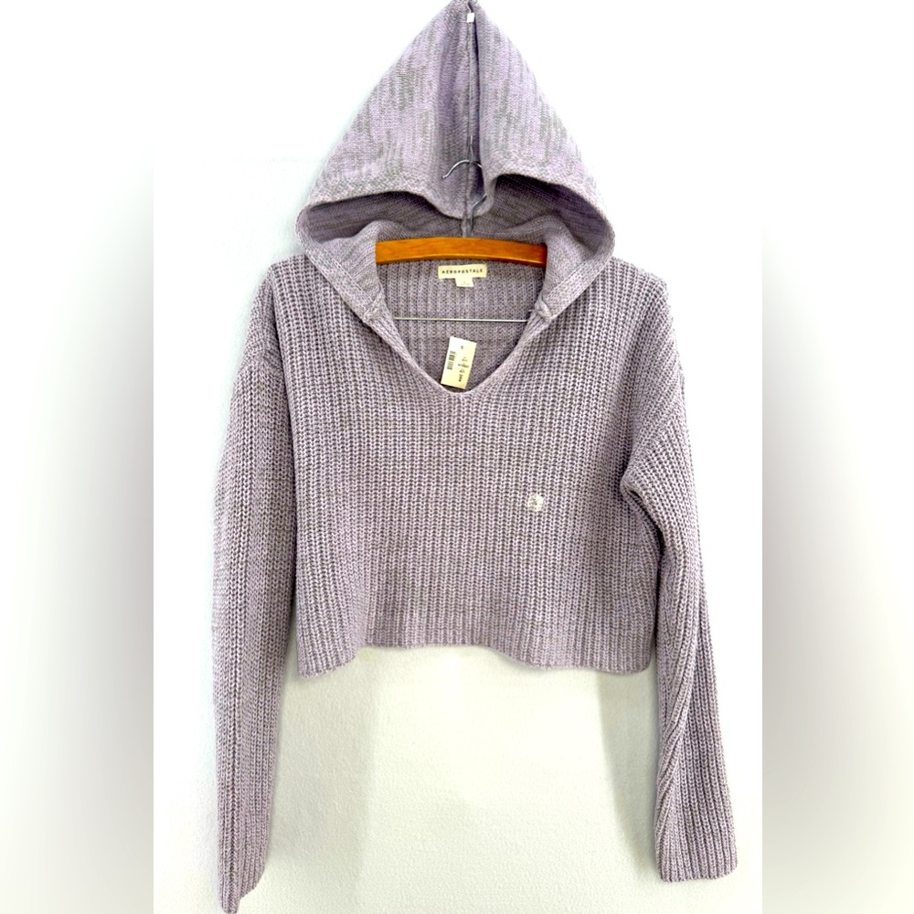 NWT Aerospostale Women’s Light Purple Knit Cropped Sweater Hooded Oversized
